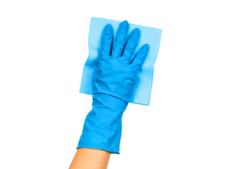 Hand in blue glove wiping with microfiber cloth isolated on transparent background