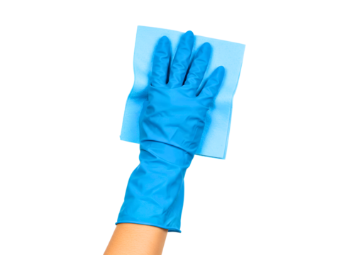 Hand in blue glove wiping with microfiber cloth isolated on transparent background