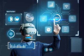 Virtual reality user interacting with advanced analytics and SEO dashboard in a modern office environment