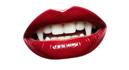 A close-up of glossy red lips with sharp, white vampire fangs, isolated.