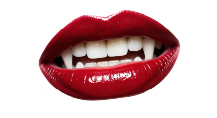 A close-up of glossy red lips with sharp, white vampire fangs, isolated.