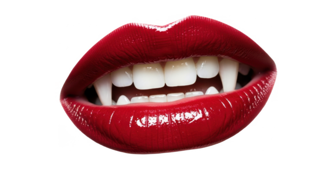 A close-up of glossy red lips with sharp, white vampire fangs, isolated.
