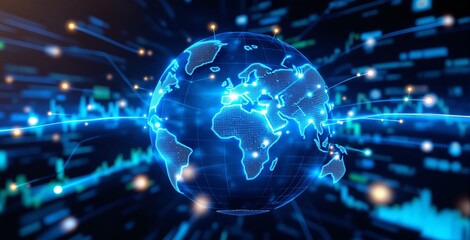 Digital globe with glowing data lines and financial chart elements representing global connectivity and futuristic business analytics concept. Ai generative