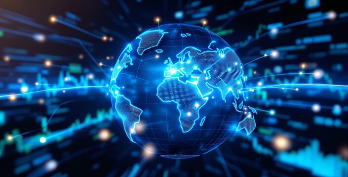 Digital globe with glowing data lines and financial chart elements representing global connectivity and futuristic business analytics concept. Ai generative