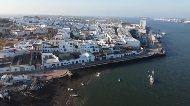 Aerial view of Rio Guadiana with Ayamonte in Spain . High quality 4k footage