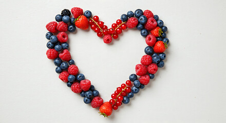 Obraz premium Heart Shape Made of Fresh Strawberries, Blueberries, Raspberries, and Redcurrants