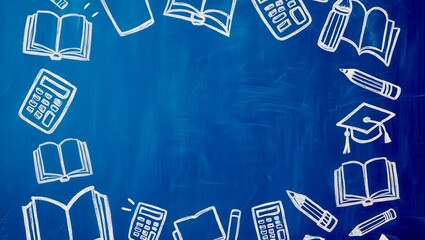 Blue school doodle pattern background with education icons