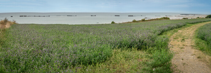 Arromanches-les-Bains, France - 08 08 2025:  Normandy landing blockhouse. Panoramic view of the...