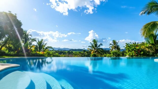 An idyllic scene showcases a bright blue infinity pool reflecting a sunny sky, surrounded by palm trees and lush tropical foliage