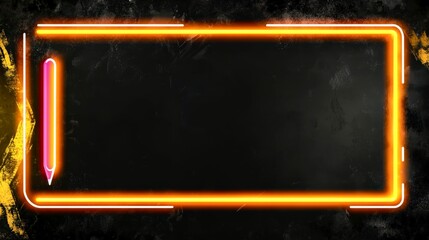 Neon pencil with glowing effect on chalkboard surface