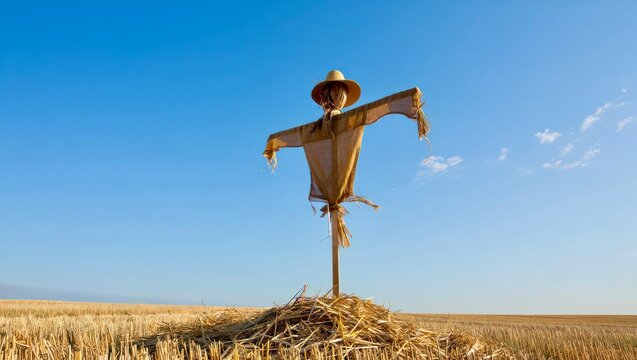 Traditional scarecrow in sunny rural landscape, perfect for harvest season and farming imagery