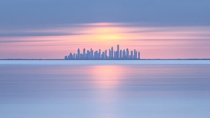 Serene Skyline: A Minimalist Cityscape at Dawn Reflecting on Calm Waters capture the beauty of the