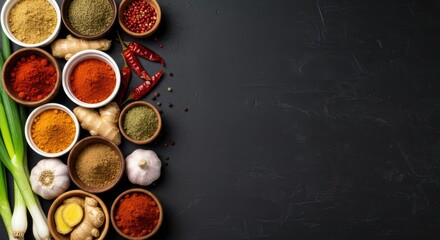 Colorful spices and seasonings arranged on a dark backdrop create a flavorful culinary still life