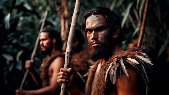 Aboriginal man with tribal face paint and spear in forested areaAthletic man with spear and spearhead in jungle setting.