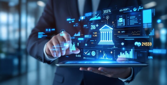 Businessman using digital banking interface on tablet with financial data analytics and futuristic holographic user interface in office background. Ai generative - Powered by Adobe