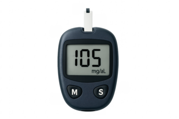Glucose meter showing blood sugar level on transparent background