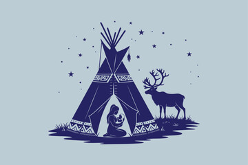 Native american woman in teepee with deer and moon on blue background © Shalahin_Rabbi