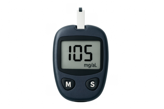Glucose meter showing blood sugar level on transparent background