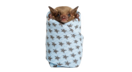 A small, adorable bat is swaddled in a light blue blanket with star patterns.