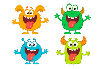 Cute cartoon monster characters set showing playful expressions. Funny and happy little alien creature collection with tongues out. Silly colorful mascot pack for kids. Vector.