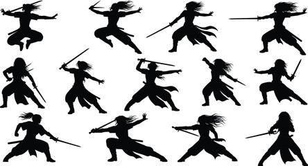 Sword fighting silhouette collection, martial arts poses, combat stances, weapon techniques, warrior icons, dynamic motion, vector shapes, battle design