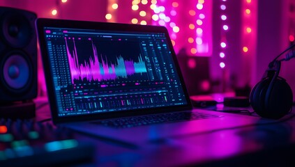 A close-up of an open laptop with sound waves on the screen, surrounded by various music production software and headphones,