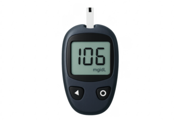Glucose meter showing blood sugar level on transparent background