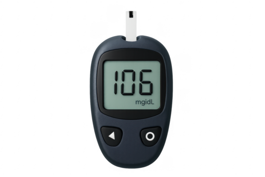 Glucose meter showing blood sugar level on transparent background