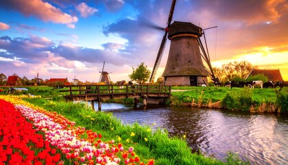 Vibrant sunset over a picturesque windmill scene with colorful tulips lining a canal