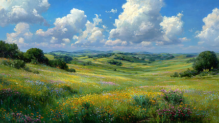 Fototapeta premium A canvas of green meadows dotted with vibrant wildflowers under a blue sky (3)