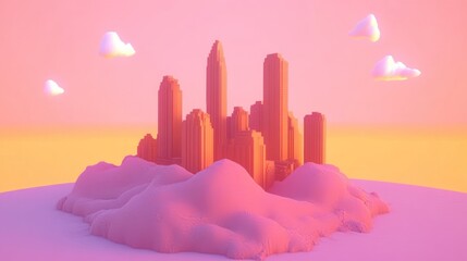 Whimsical Pink Cityscape: A dreamy conceptual cityscape bathed in soft pink and orange hues under