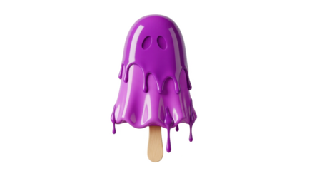 A whimsical purple ghost-shaped ice cream popsicle melting on a wooden stick, isolated.
