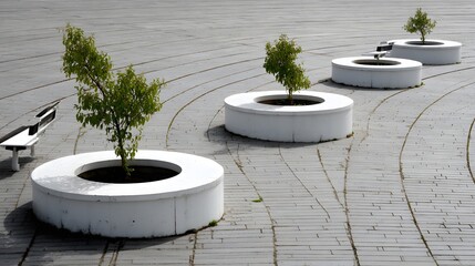 White circular planters with small trees on a paved area.