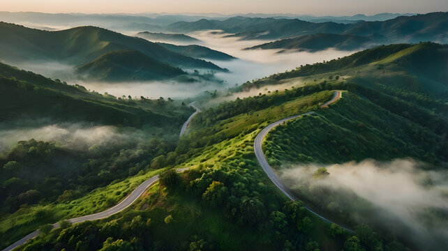 Aerial view of winding mountain road through lush green hills in morning mist - Powered by Adobe