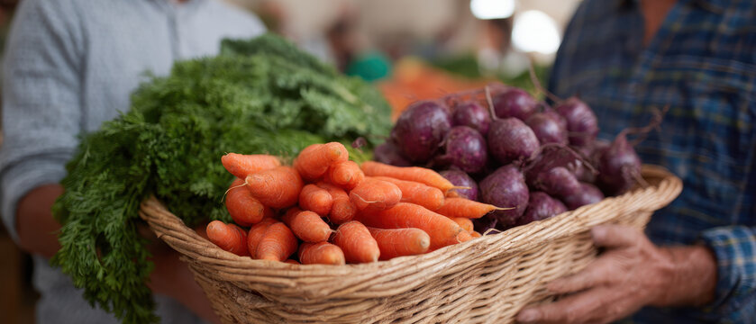 Fresh carrots and beets in woven basket at farmers market