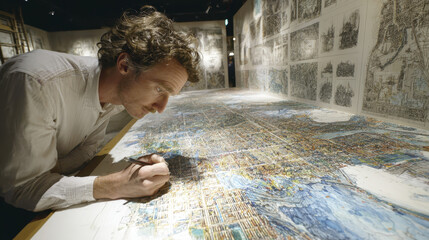 City planner working on detailed urban map with architectural drawings on walls, focused on high density zoning and city design planning