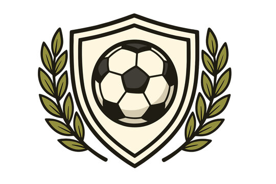Soccer football shield emblem with laurel wreath. Sports team crest logo for competition, championship, or tournament. Symbol of victory, honor, and sportsmanship. Vector. - Powered by Adobe