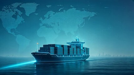 Cargo ship with glowing beam, skyline, and world map, smart transportation systems, fast transport, local transport