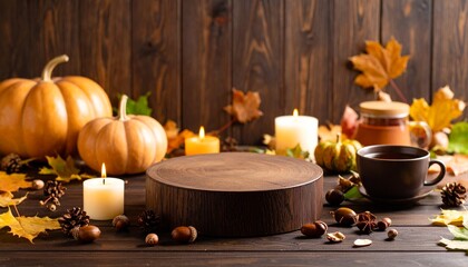 Naklejka premium Autumn wooden podium, pumpkins, tea, leaves, acorns, candles.