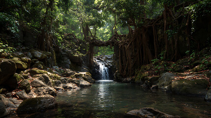 Fototapeta premium A hidden waterfall in the heart of a dense forest