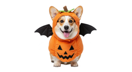 A corgi dog dressed in a pumpkin Halloween costume with bat wings, standing against a white background.