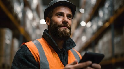 Worker scanning barcode in warehouse with sharp focus