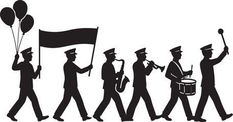 Silhouette of a marching band with instruments and balloons isolated on white background © Shalahin_Rabbi