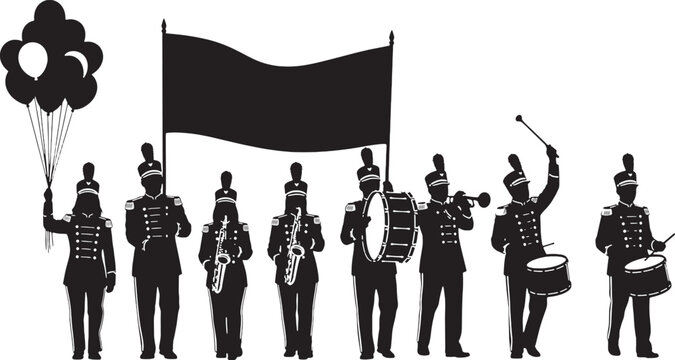 Silhouette of a marching band with instruments and balloons isolated on white background