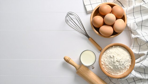 Table with eggs, milk, whisk, rolling pin, flour, top view, baking utensils