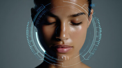 Skin hydration index gauge overlay on smooth facial skin, futuristic interface