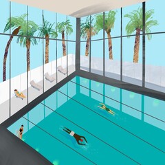People swimming and relaxing by an indoor pool with large windows and palm trees outside.