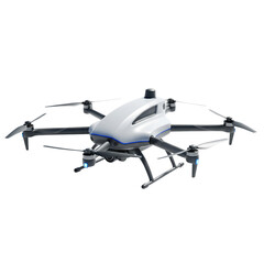 Sleek white quadcopter drone with blue accents and landing gear isolated on a transparent background