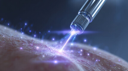 RF microneedling close-up with light energy pulses entering skin, minimal medical 