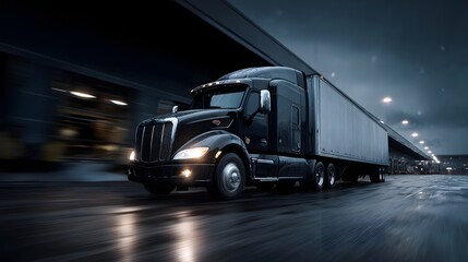 Semi truck entering distribution center with commercial lighting